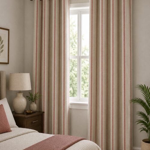 Hopsack Stripe Peony Curtain