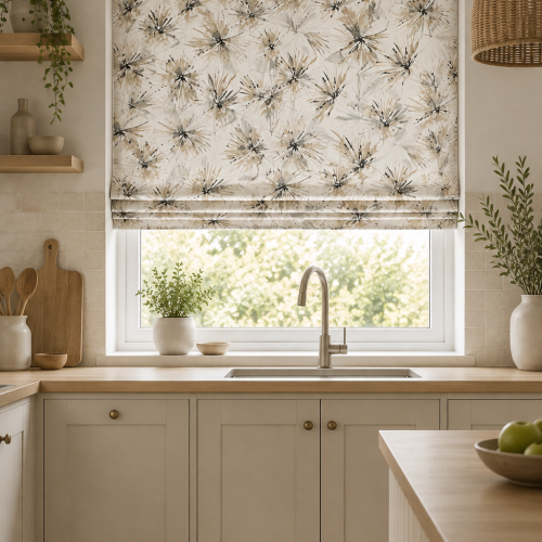 Aucuba Embroidery Steel-Jet Roman Blind